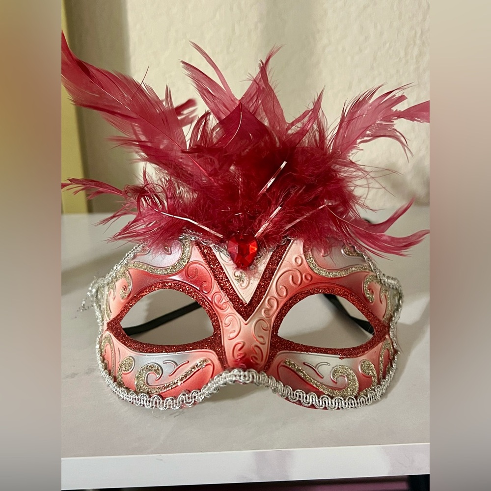 Vibrant Red Feathered Masquerade Mask